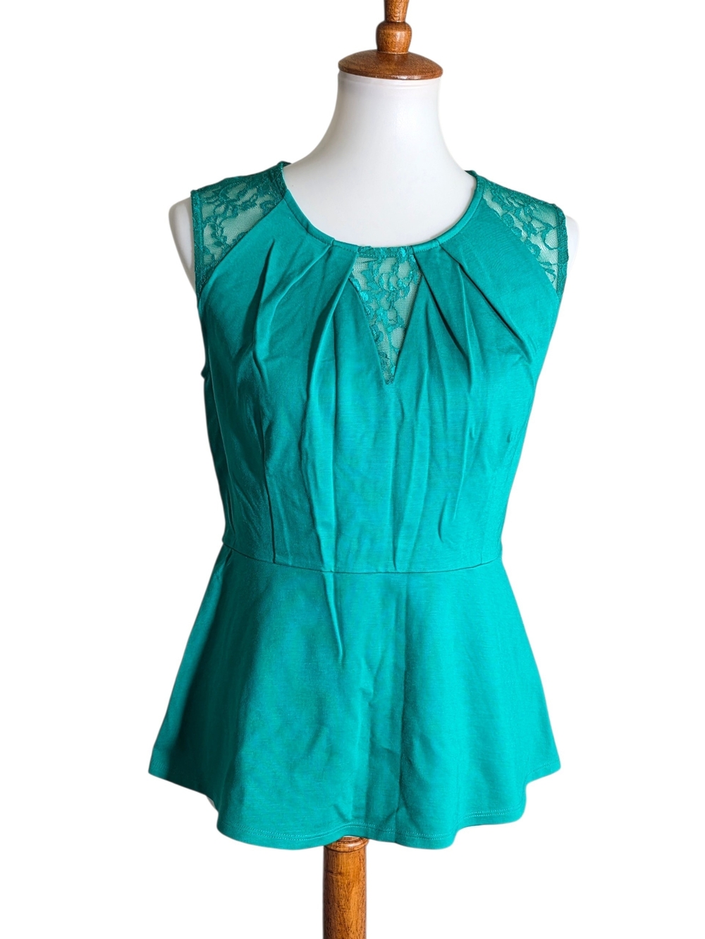 New York & Company Teal Lace Yoke Sleeveless Peplum Top